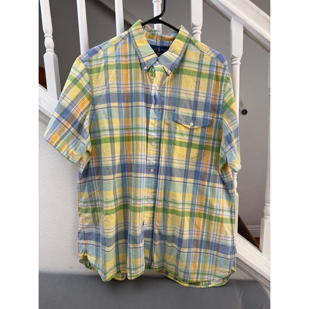 Ralph Lauren Beach Twill Mens XL Short Sleeve Plaid Button Down Shirt Yellow